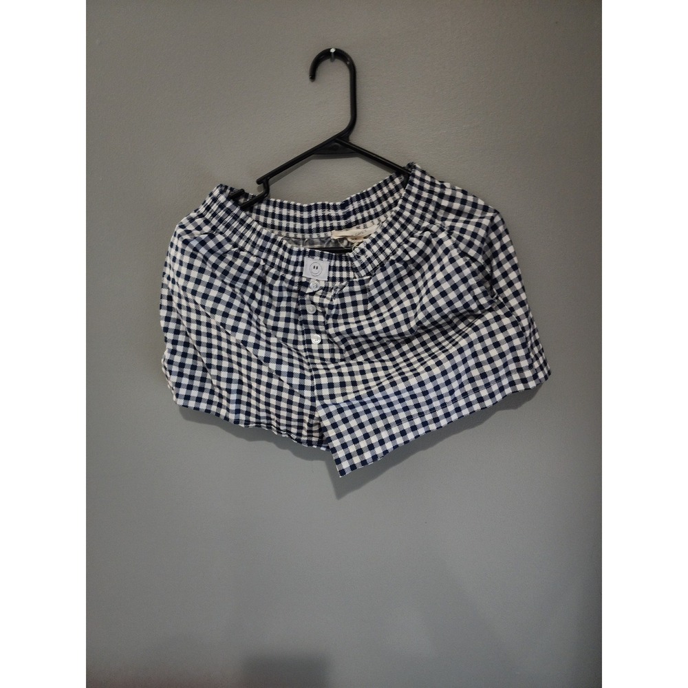 Happily Grey Navy Blue White Gingham Pajama Shorts Smiley Face Patch Medium